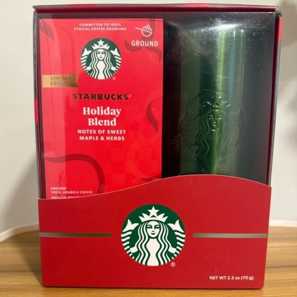 Starbucks Holiday Blend Coffee & Green Stainless Steel Tumbler Gift Set
